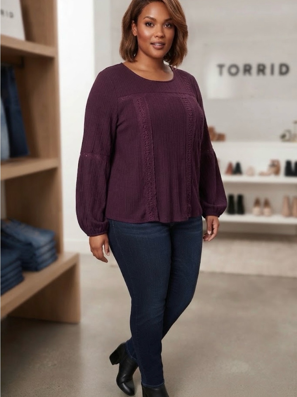 torrid NWOT Deep Plum Knit Lace-Trim Long Sleeve Blouse